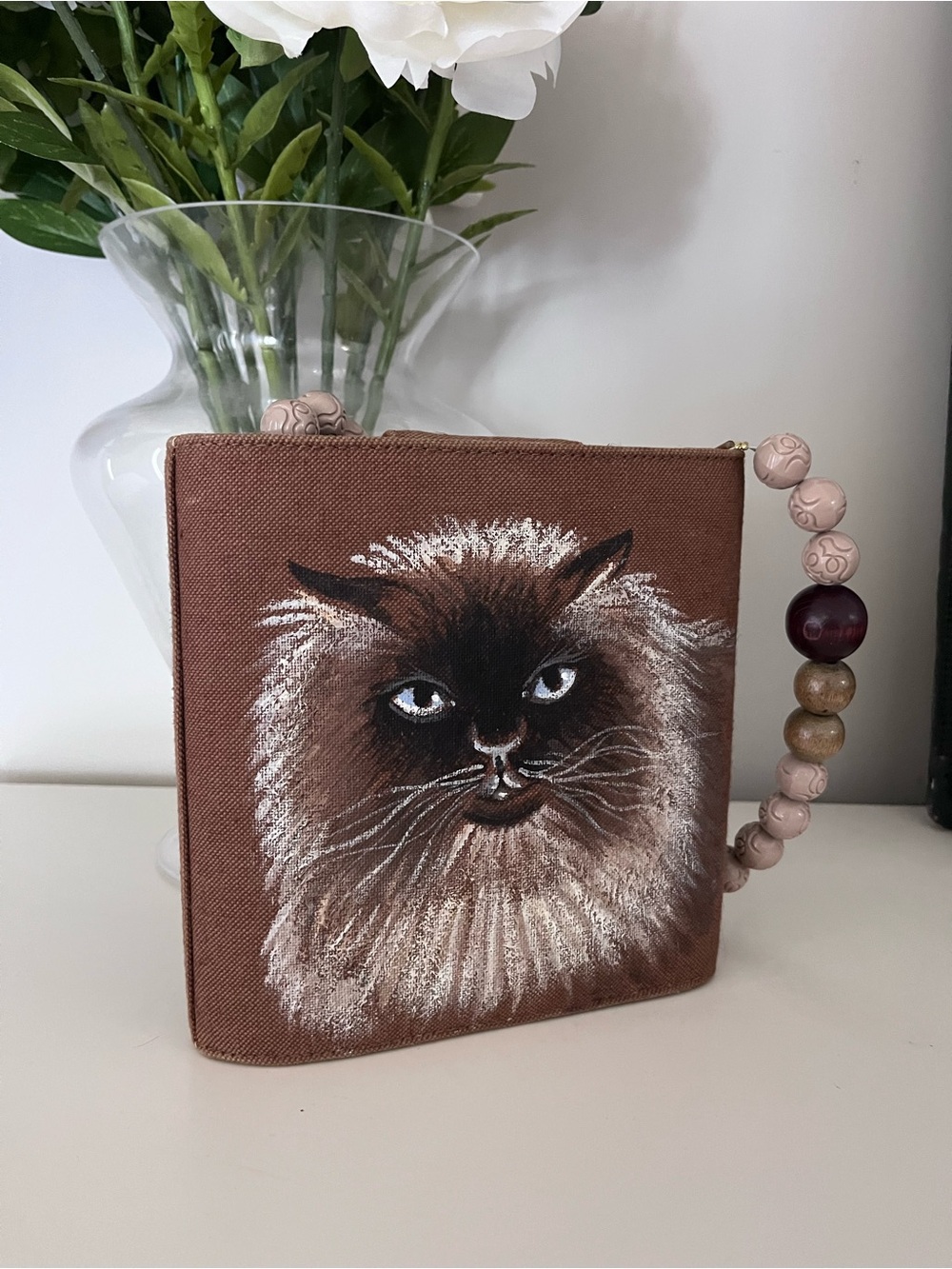 Hand-Painted Brown Cat Purse with Beaded Handle